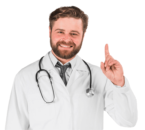 Healthcare professional pointing upward border